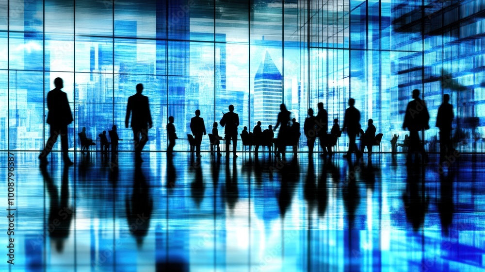 Blurred silhouettes of professionals in a busy meeting room, with a modern office interior featuring glass walls and contemporary furniture. Blurred silhouettes of professionals in a busy meeting room, with a modern office interior featuring glass walls and contemporary furniture.