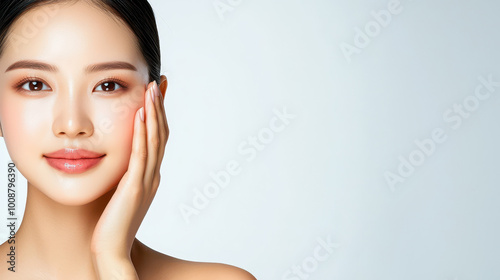 Close-up portrait of a young woman gently touching her face, showcasing a radiant and flawless complexion against a light background