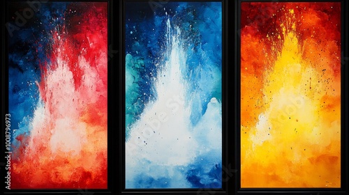 Abstract art paintings in black frames with red orange yellow blue and white hues. photo