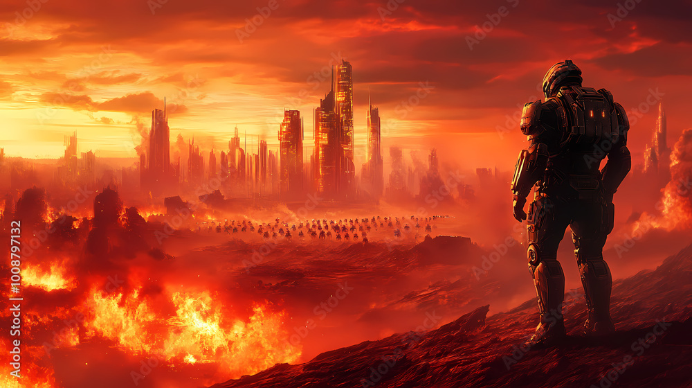Fototapeta premium Generative AI, Future Warfare: Powered Armor Soldier vs Robot Army