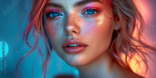 Glamorous portrait of a young woman with vibrant makeup, highlighting her stylish and elegant look.