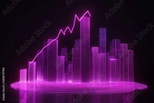 The hologram represents an abstract concept of financial chart on the modern exterior of a business center. The background represents a research and strategy concept. Neon.