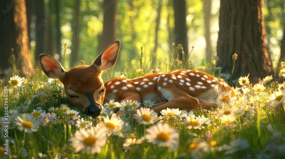 A fawn peacefully sleeping among daisies in a sunlit forest. A fawn peacefully sleeping among daisies in a sunlit forest.