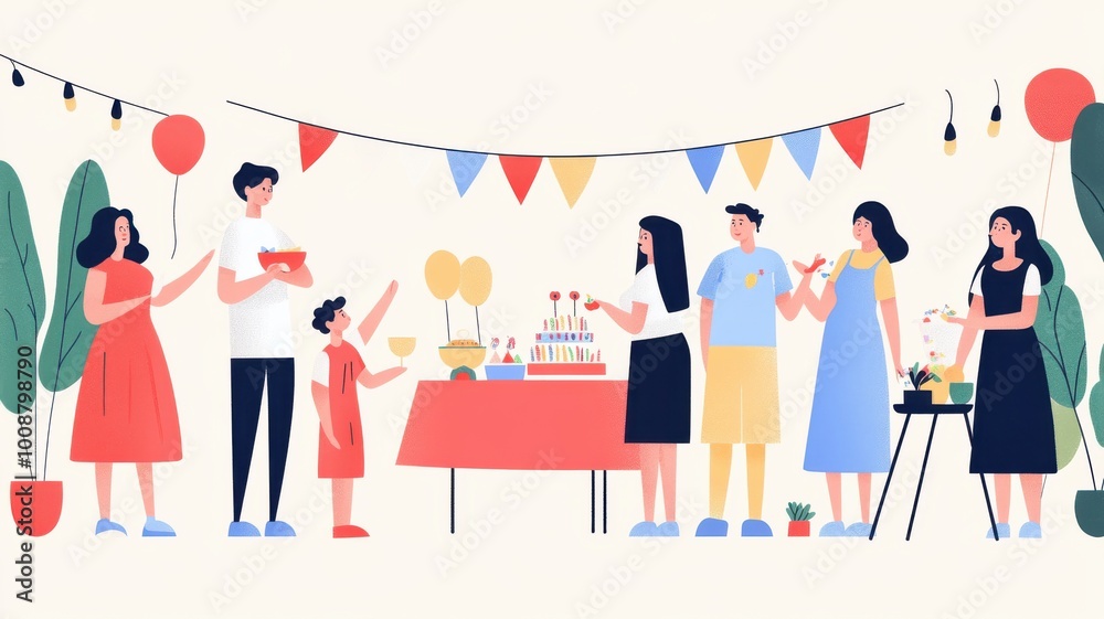 A group of people are at a party with a cake and balloons