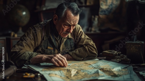 A seasoned commander studies old war maps intently, surrounded by memorabilia from his military past, as memories of past battles flood his mind in the quiet room