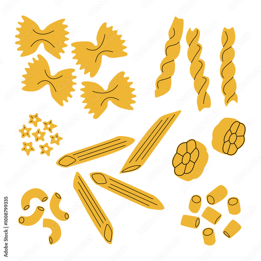 Different sorts of pasta. Macaroni, farfalle, penne, fusilli, stelline, ruote, ditalini. Traditional Italian food. Various noodles types. Vector flat cartoon illustration Different sorts of pasta. Macaroni, farfalle, penne, fusilli, stelline, ruote, ditalini. Traditional Italian food. Various noodles types. Vector flat cartoon illustration