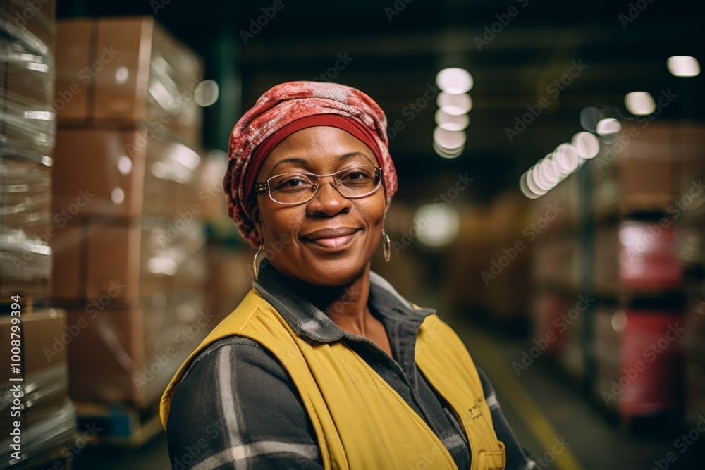 Portrait of a joyful middle aged female warehouse worker Portrait of a joyful middle aged female warehouse worker