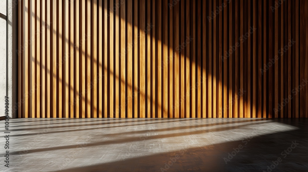  Wall with wood background. Panels with wood texture. Vertical slats in the interior design of an empty studio room. 3D architecture with window shadow overlay. 