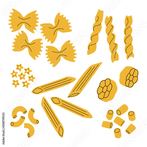 Different sorts of pasta. Macaroni, farfalle, penne, fusilli, stelline, ruote, ditalini. Traditional Italian food. Various noodles types. Vector flat cartoon illustration