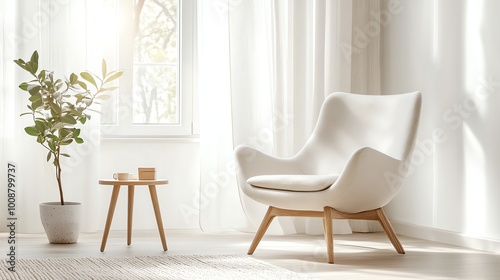 A white armchair with wooden legs in a cozy living room with a window and a plant.