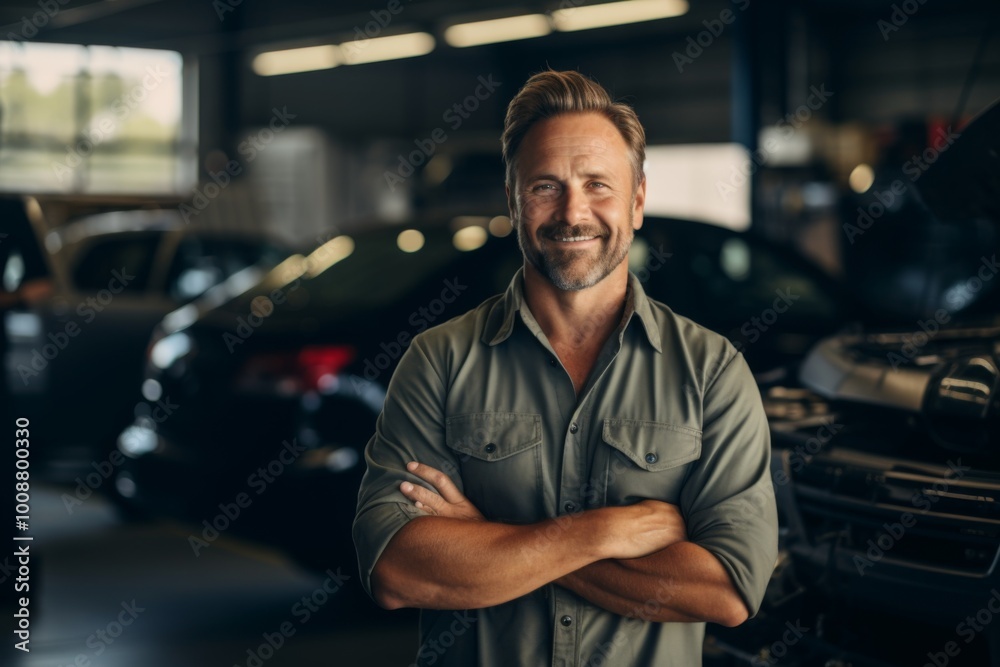 Portrait of a middle aged male mechanic in car shop Portrait of a middle aged male mechanic in car shop