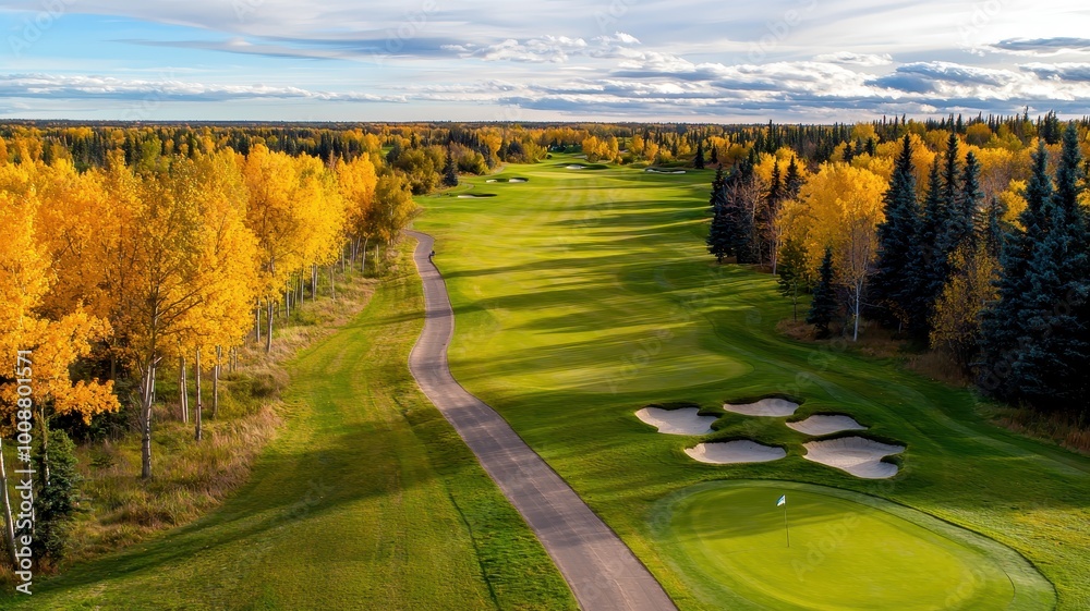 Naklejka premium Aerial view of a green golf course surrounded by vibrant autumn foliage under a cloudy sky.