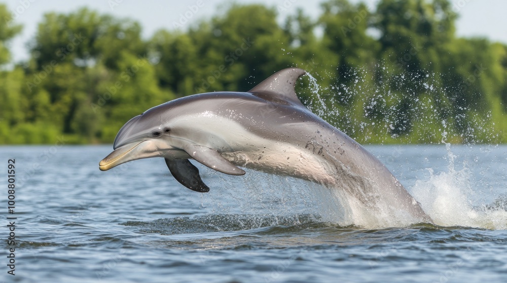 Obraz premium A dolphin leaps gracefully above the water's surface in a natural setting.