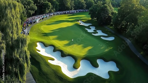 Aerial view of a beautiful golf course with sand traps and lush greenery.