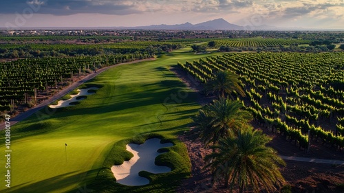 Aerial view of a lush golf course surrounded by vineyards and mountains under a dramatic sky.