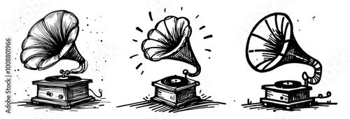 detailed retro gramophones in classic sketch style, black vector artwork