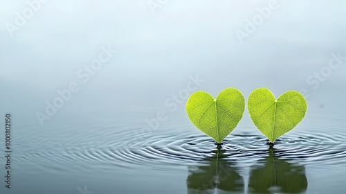 Close up of two heart shaped leaves gently floating on the surface of a tranquil pond with soft ripples surrounding them creating a serene and romantic natural scene