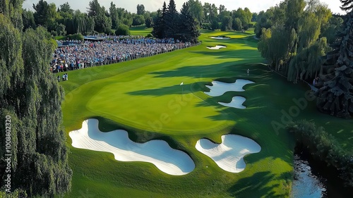 Wallpaper Mural Aerial view of a vibrant golf course with lush greens and sand traps, surrounded by trees and enthusiastic spectators. Torontodigital.ca