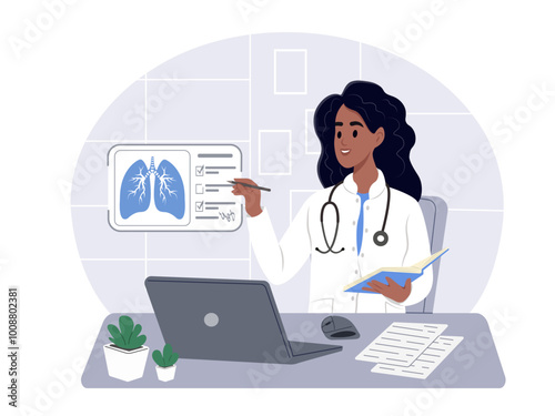 November Lung Cancer Awareness month. A doctor looks at a lung scan on a virtual screen while sitting at a table in a hospital. Diagnosis and treatment of lung disease. Vector flat illustration