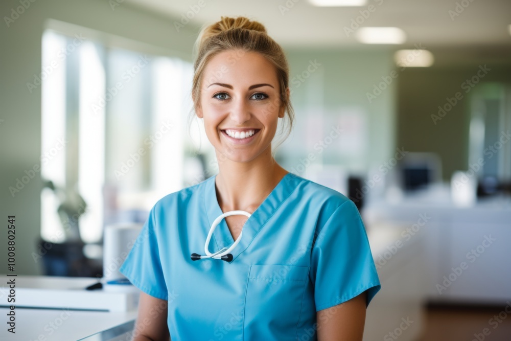 Portrait of a young nurse in scrubs at hospital Portrait of a young nurse in scrubs at hospital