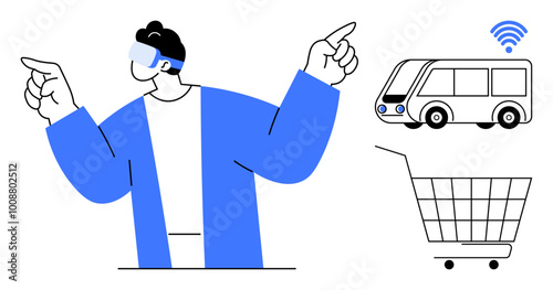 Man pointing while wearing a VR headset, with a smart bus and a shopping cart beside him. Ideal for technology, navigation, virtual reality, smart transportation, e-commerce, innovative design