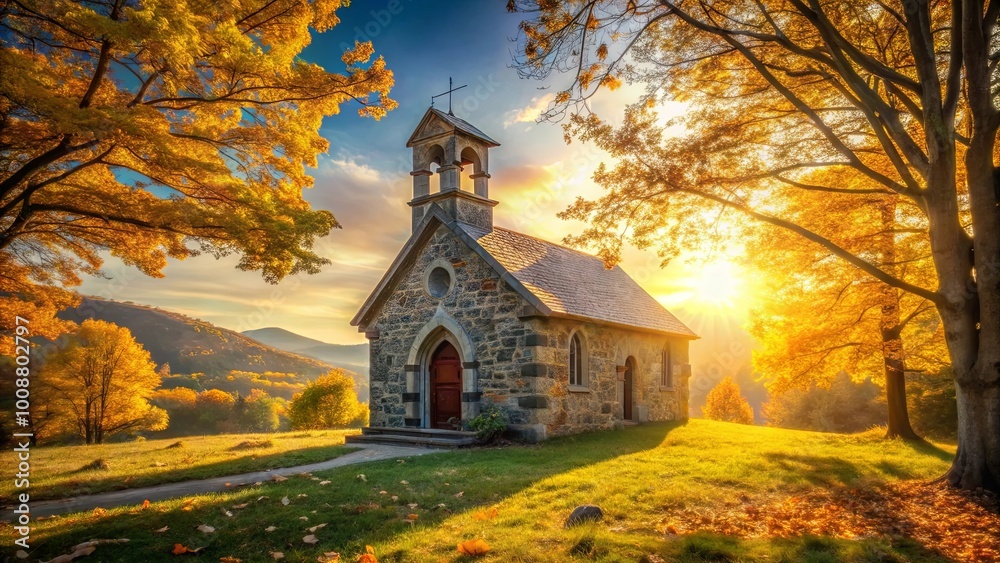 Golden Autumn Light Bathes a Stone Chapel Nestled in a Hillside Forest with Sun Rays Filtering Through Vibrant Foliage Golden Autumn Light Bathes a Stone Chapel Nestled in a Hillside Forest with Sun Rays Filtering Through Vibrant Foliage
