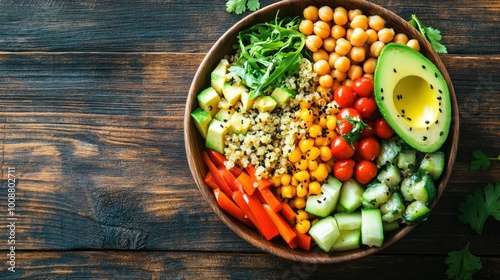 Colorful Vegan Buddha Bowl with Quinoa, Chickpeas, Avocado, and Mixed Vegetables on a Rustic Table