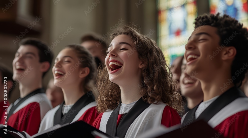 Close up shot of choir members singing to the music with joy and excitement, religion and belief, professional photography Close up shot of choir members singing to the music with joy and excitement, religion and belief, professional photography