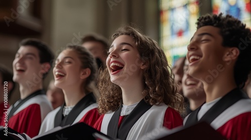 Close up shot of choir members singing to the music with joy and excitement, religion and belief, professional photography