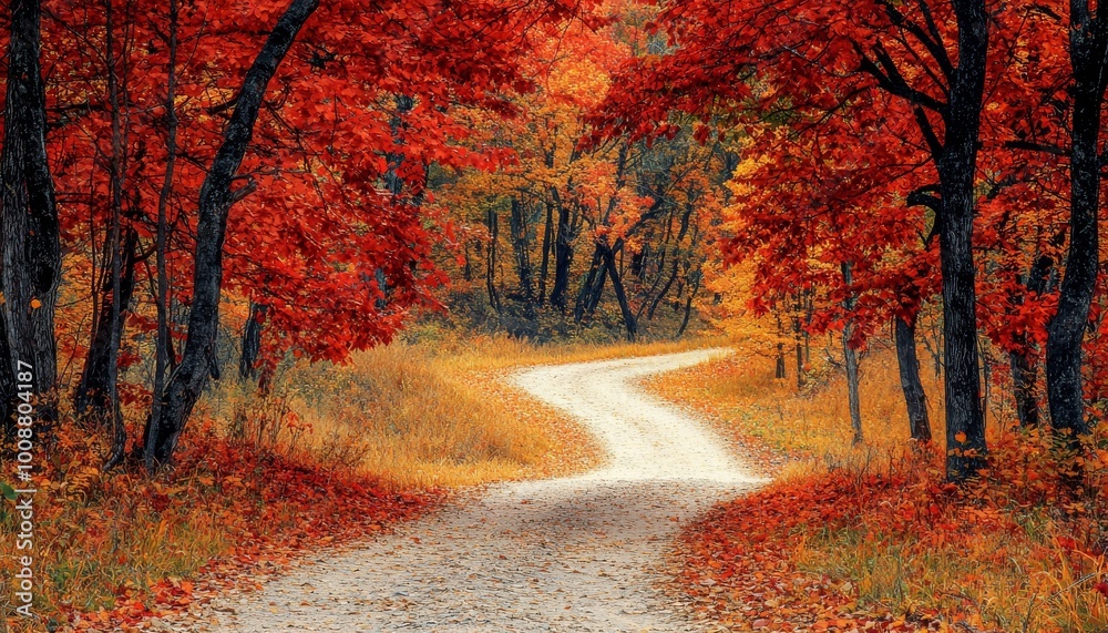 Obraz premium vibrant autumn landscape featuring winding path surrounded by trees with brilliant red and orange foliage. scene evokes sense of tranquility and beauty of nature