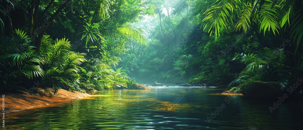 vibrant tropical rainforest with lush greenery and serene river flowing through it, creating peaceful and tranquil atmosphere. sunlight filters through dense foliage, enhancing beauty of nature vibrant tropical rainforest with lush greenery and serene river flowing through it, creating peaceful and tranquil atmosphere. sunlight filters through dense foliage, enhancing beauty of nature