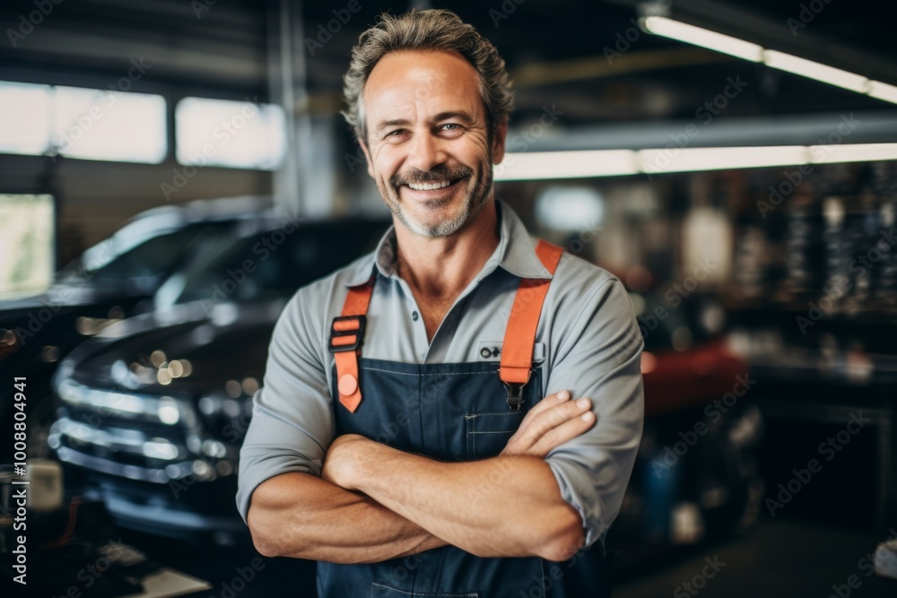 Portrait of a middle aged male mechanic in car shop Portrait of a middle aged male mechanic in car shop
