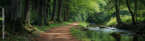 tranquil forest path lined with tall trees, surrounded by lush greenery and gentle stream. This serene landscape invites peaceful walks and nature exploration