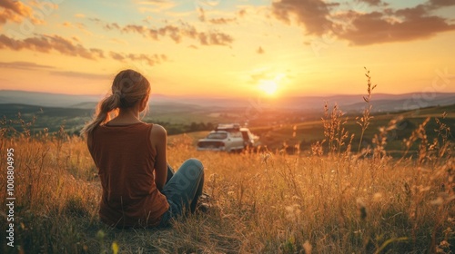 Photo on the topic Woman sits with her back to the field and admires the sunset in the mountains created with the help of ai