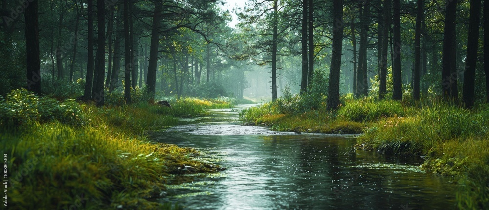 Obraz premium serene countryside landscape with tranquil river flowing through lush greenery and tall trees, creating peaceful atmosphere. soft light enhances natural beauty of scene