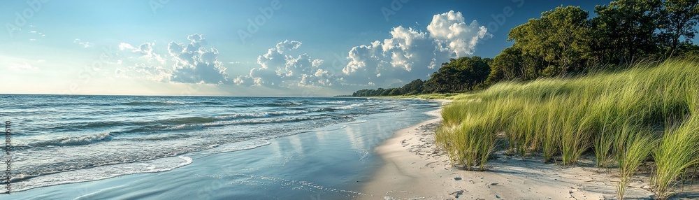 peaceful coastal scene with serene beach cove, featuring gentle waves lapping at shore and lush green grass swaying in breeze. sky is adorned with fluffy clouds, creating tranquil atmosphere peaceful coastal scene with serene beach cove, featuring gentle waves lapping at shore and lush green grass swaying in breeze. sky is adorned with fluffy clouds, creating tranquil atmosphere