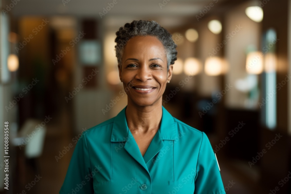 Portrait of a smiling middle aged female African American healthcare worker in hospital hallway Portrait of a smiling middle aged female African American healthcare worker in hospital hallway
