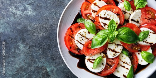 Fresh Caprese Salad with Mozzarella, Tomatoes, and Basil Drizzled with Balsamic Glaze