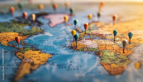 Fototapeta Naklejka Na Ścianę i Meble -  detailed world map with colorful pins marking various locations, showcasing sense of exploration and adventure. vibrant colors of pins contrast beautifully with maps intricate details