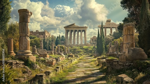 Stone Path Through Ancient Roman Ruins Under a Cloudy Sky photo