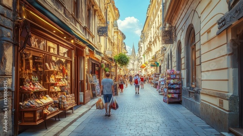 Charming Street Shops and Architecture in Historic European City