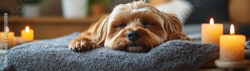 tranquil pet spa scene with dog relaxing on soft towel surrounded by candles, creating serene atmosphere. dog appears peaceful and content in this cozy setting