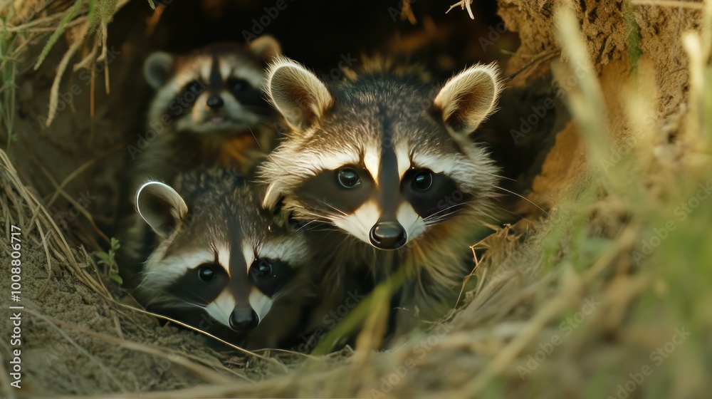 Three raccoons peeking out from a burrow in a natural setting. Three raccoons peeking out from a burrow in a natural setting.