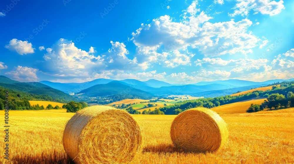 Beautiful and bright summer day with hay bales and blue skies with some clouds, generative AI Beautiful and bright summer day with hay bales and blue skies with some clouds, generative AI