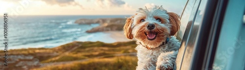 happy dog enjoys breeze with its head out of car window, overlooking scenic coastal view. sun sets in background, creating warm and joyful atmosphere