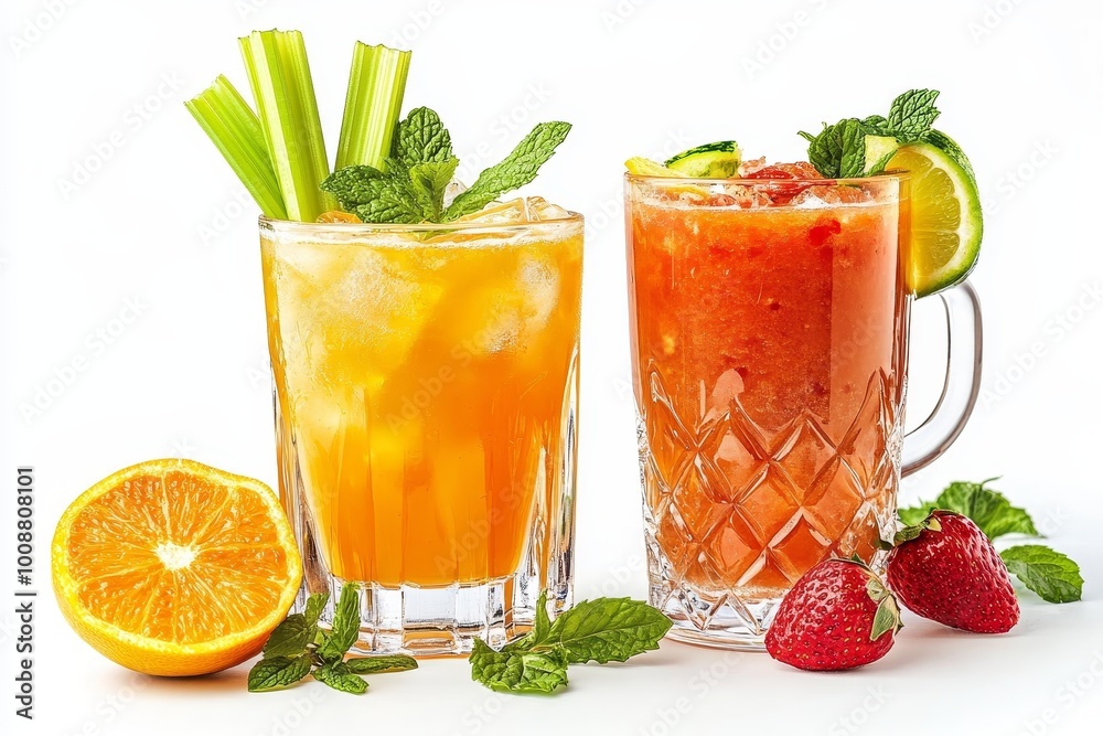 Two Refreshing Fruit Cocktails with Ice, Mint, Citrus Fruits, Celery, and Strawberry Garnish Two Refreshing Fruit Cocktails with Ice, Mint, Citrus Fruits, Celery, and Strawberry Garnish