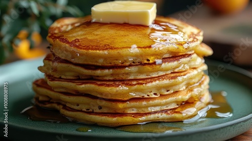 delicious applefilled pancakes arranged on a green plate topped with a rich slice of butter with a warm and inviting kitchen background enhancing the culinary delight photo