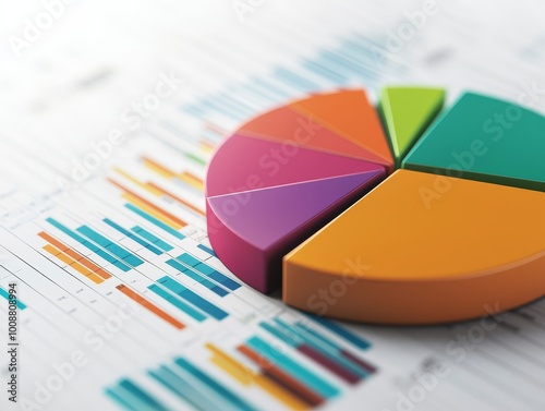 Colorful pie chart on a financial report with data visuals. photo