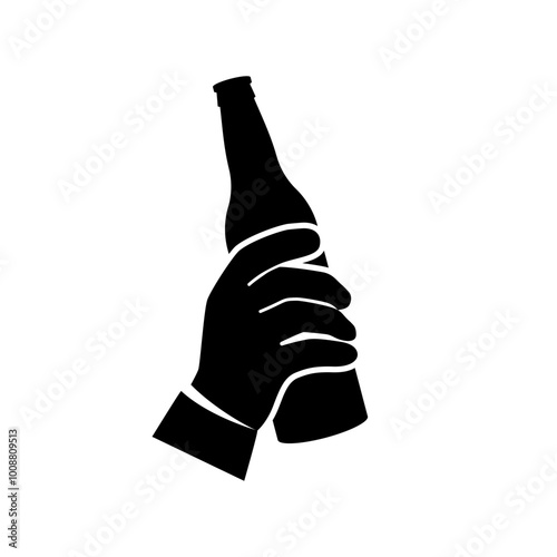 Beer in hand icon. Isolated black silhouette on background. Man holding pictogram bottle without label. Vector illustration flat design.