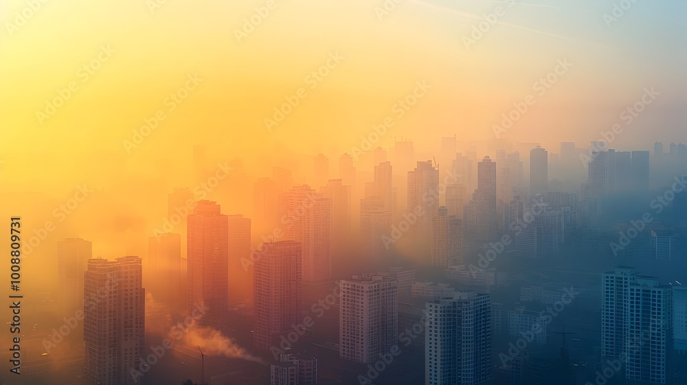 Dystopian Urban Skyline Shrouded in Smog and Heatwaves Global Warming Impact